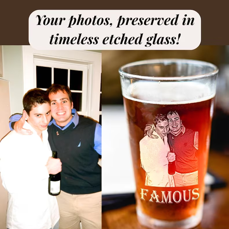 Personalized Photo Beer Pint Glass with Custom Text Laser Etched Couples Portrait Glass Anniversary Wedding Gift