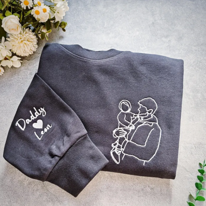 Fathers Day Custom Embroidered Photo Portrait Sweatshirt with Names on Sleeve Dad and Kid Outline Hoodie Gift for Dad
