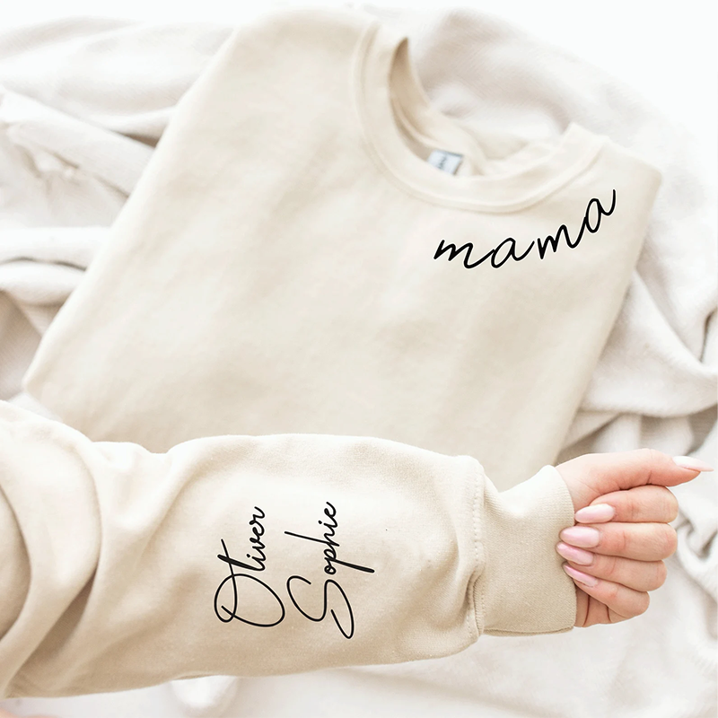 Custom Mama Sweatshirt with Kid Name Printed on Sleeve Personalized Mom Sweatshirt Gift for Mom