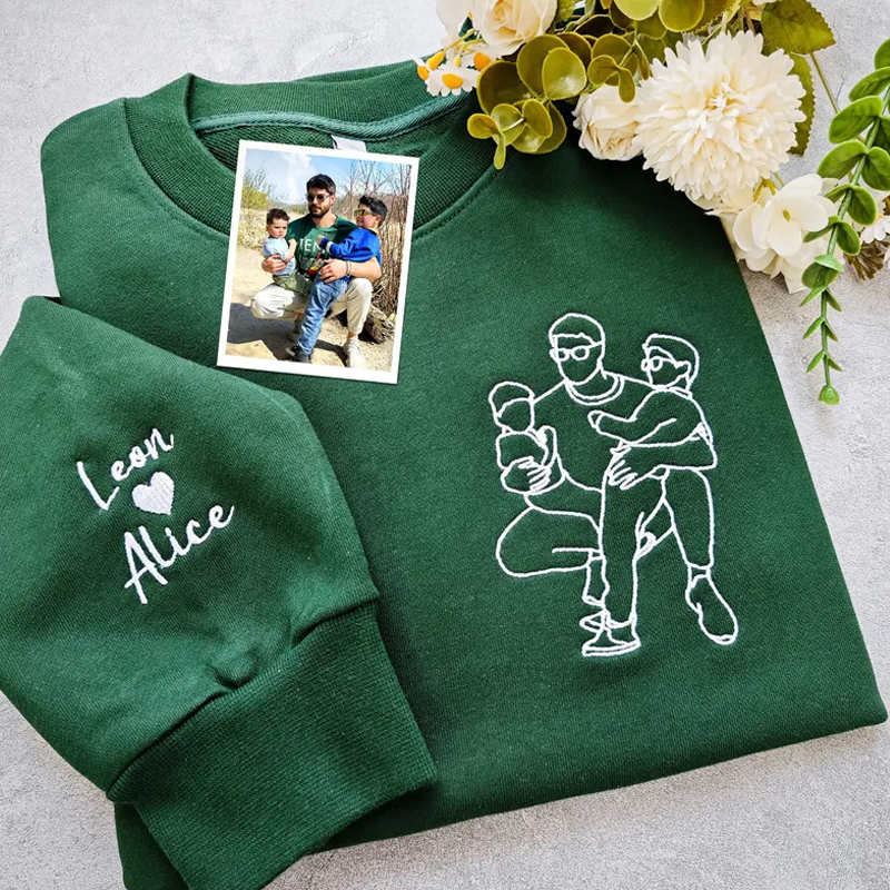 Fathers Day Custom Embroidered Photo Portrait Sweatshirt with Names on Sleeve Dad and Kid Outline Hoodie Gift for Dad