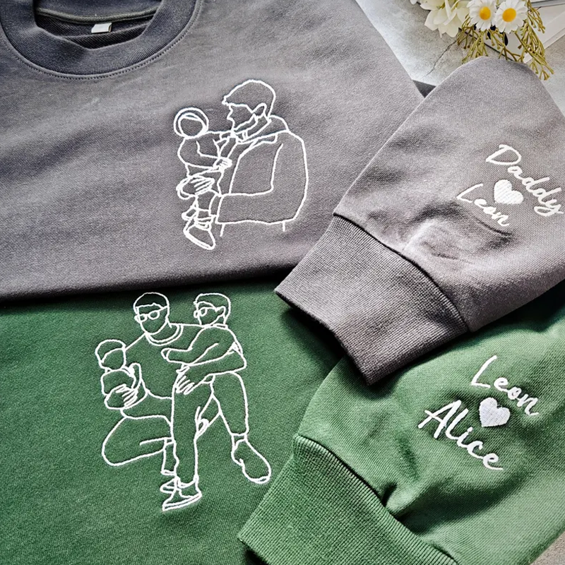 Fathers Day Custom Embroidered Photo Portrait Sweatshirt with Names on Sleeve Dad and Kid Outline Hoodie Gift for Dad