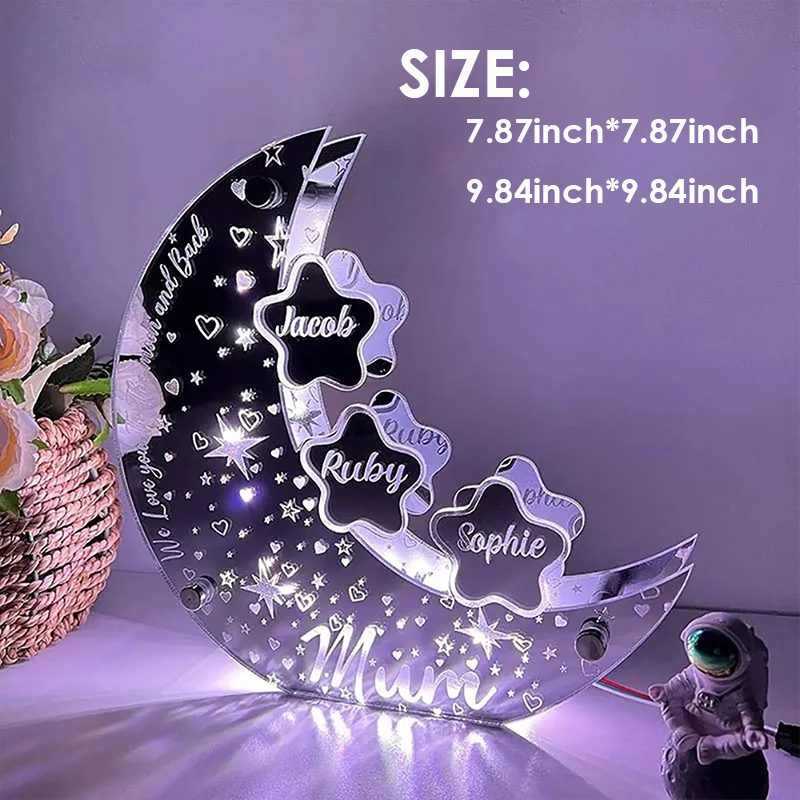 Personalized Acrylic Moon Sign Lamp for Mom Custom Moon Mirror Light Stars with Family Names Mother's Day Gift