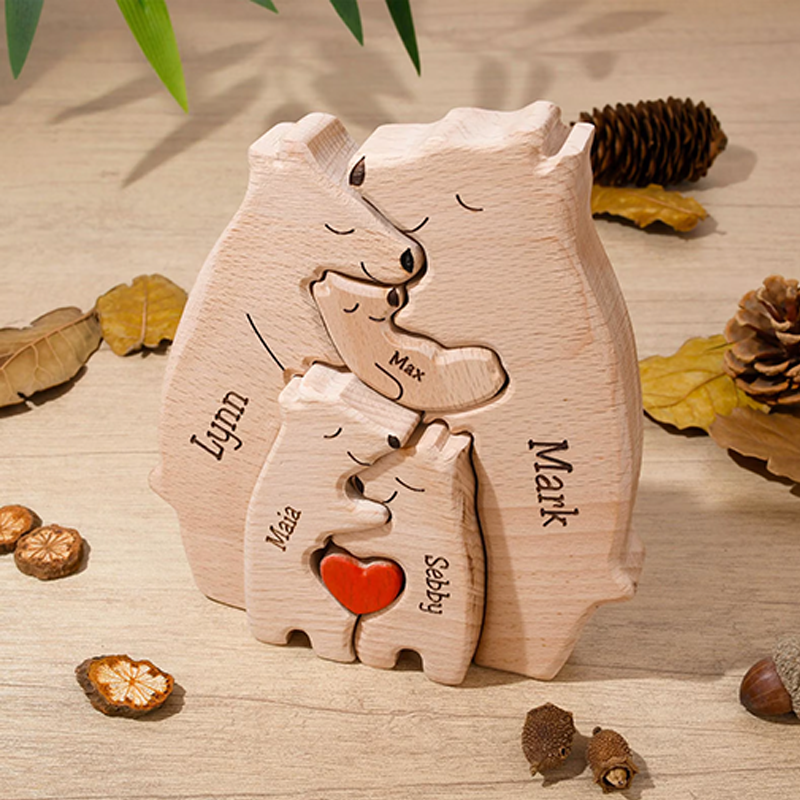 Personalized Wooden Bear Family Name Puzzle Engraved Wooden Custome Animal Family Gift for Parents & Kids