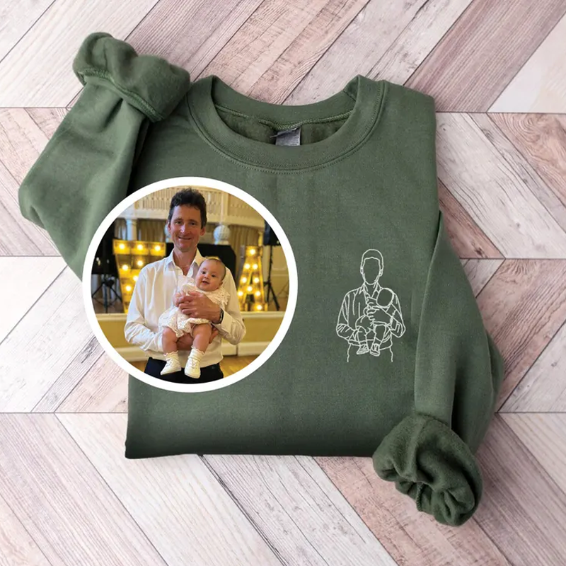 Fathers Day Custom Embroidered Photo Portrait Sweatshirt with Names on Sleeve Dad and Kid Outline Hoodie Gift for Dad