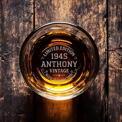 Custom 80th Birthday Whiskey Glass Personalized Aged to Perfection Rock Glass Gift for Him Dad Grandpa Vintage Engraved Birthday Keepsake