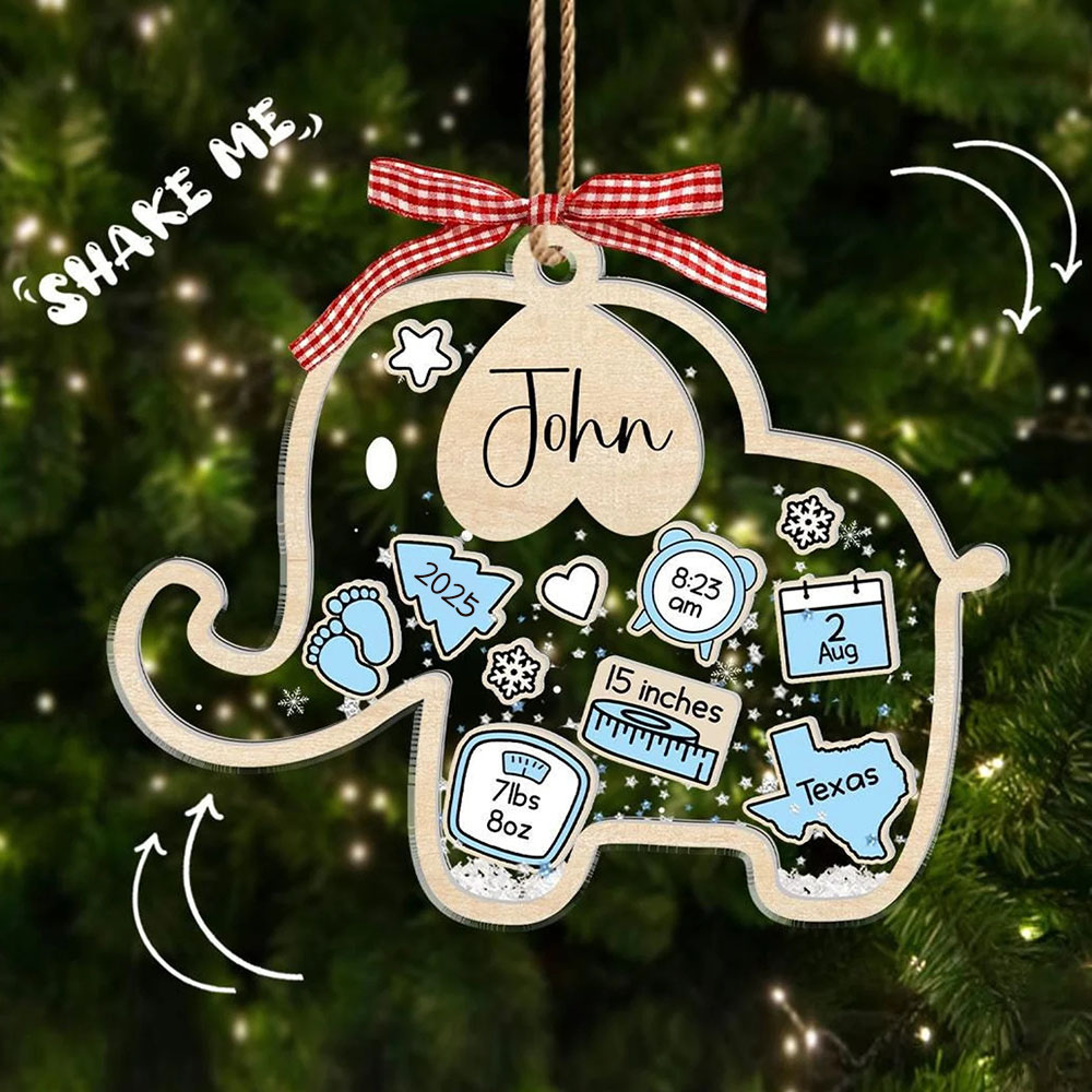 Personalized Baby First Christmas 4D Shaker Ornament Elephant Kid Boy Girl Xmas Gifts for Baby