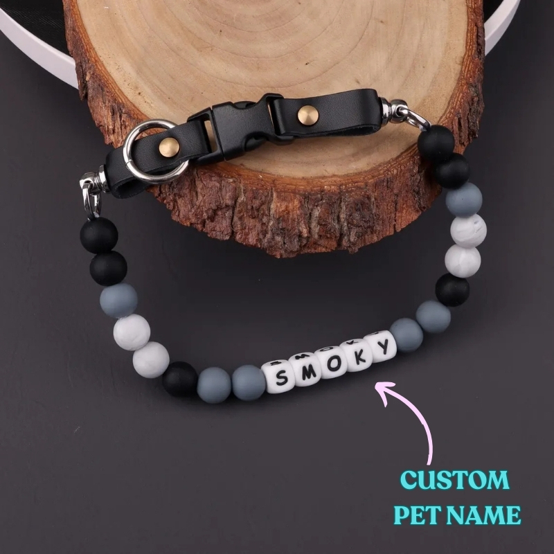 Personalized Black and White Custom Beaded Name Dog Collar Handmade Gift for Pet Lover
