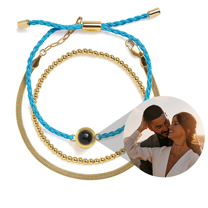 Customized Photo Projection Bracelet Multi-layer Stacking Beaded Braided Bracelet Commemorative Gift for Couples