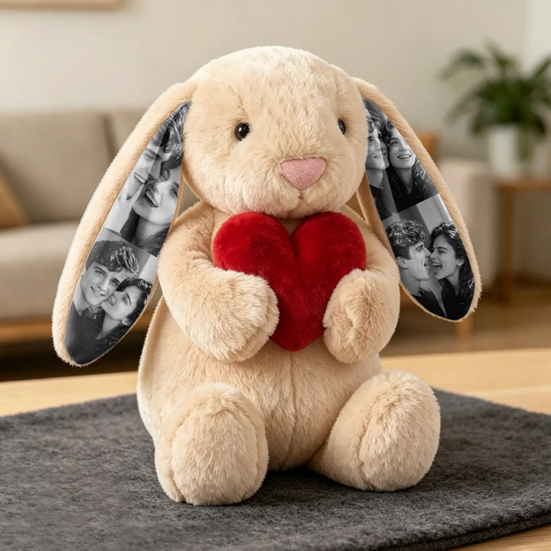 Personalized Photo Bunny Plush with Red Love Heart Custom Hidden Ear Picture Keepsake Stuffed Rabbit Anniversary and Valentine’s Day Gift for Couples