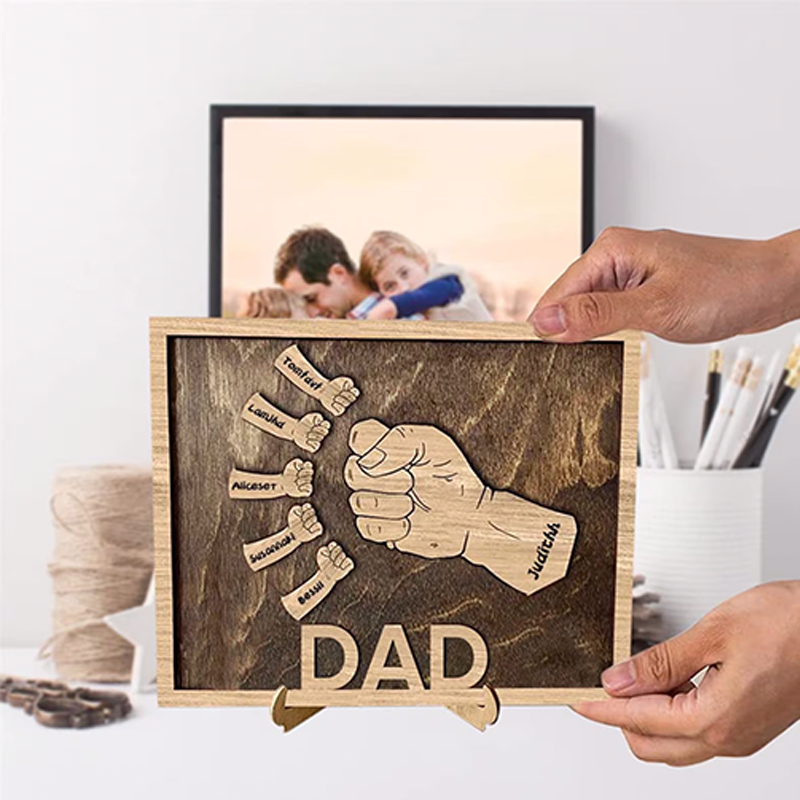 Custom Fist Bump Sign Dad and Kids Wooden Frame Personalized Name Fists Handprint Sign Family Gift Idea for Dad