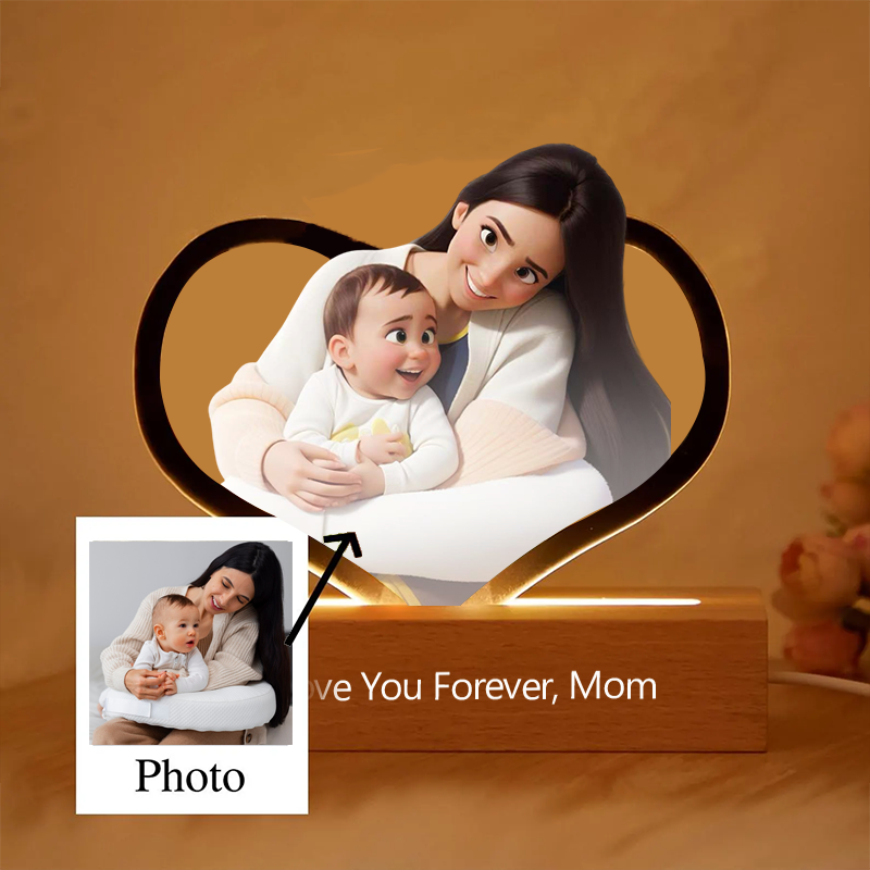 Personalized Heart Cartoon Portrait Style 3D Photo and Text Frame Night Light Mothers Day Gifts