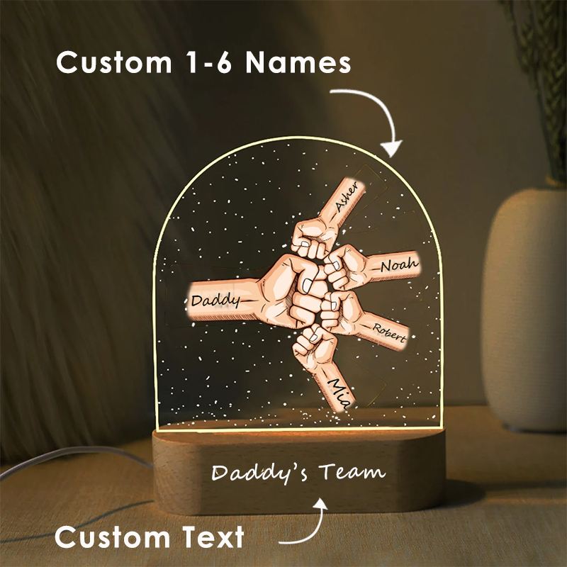 Personalized Daddy's Team Fist Bump LED Light Custom Family Hands Night Lamp Gift for Dad