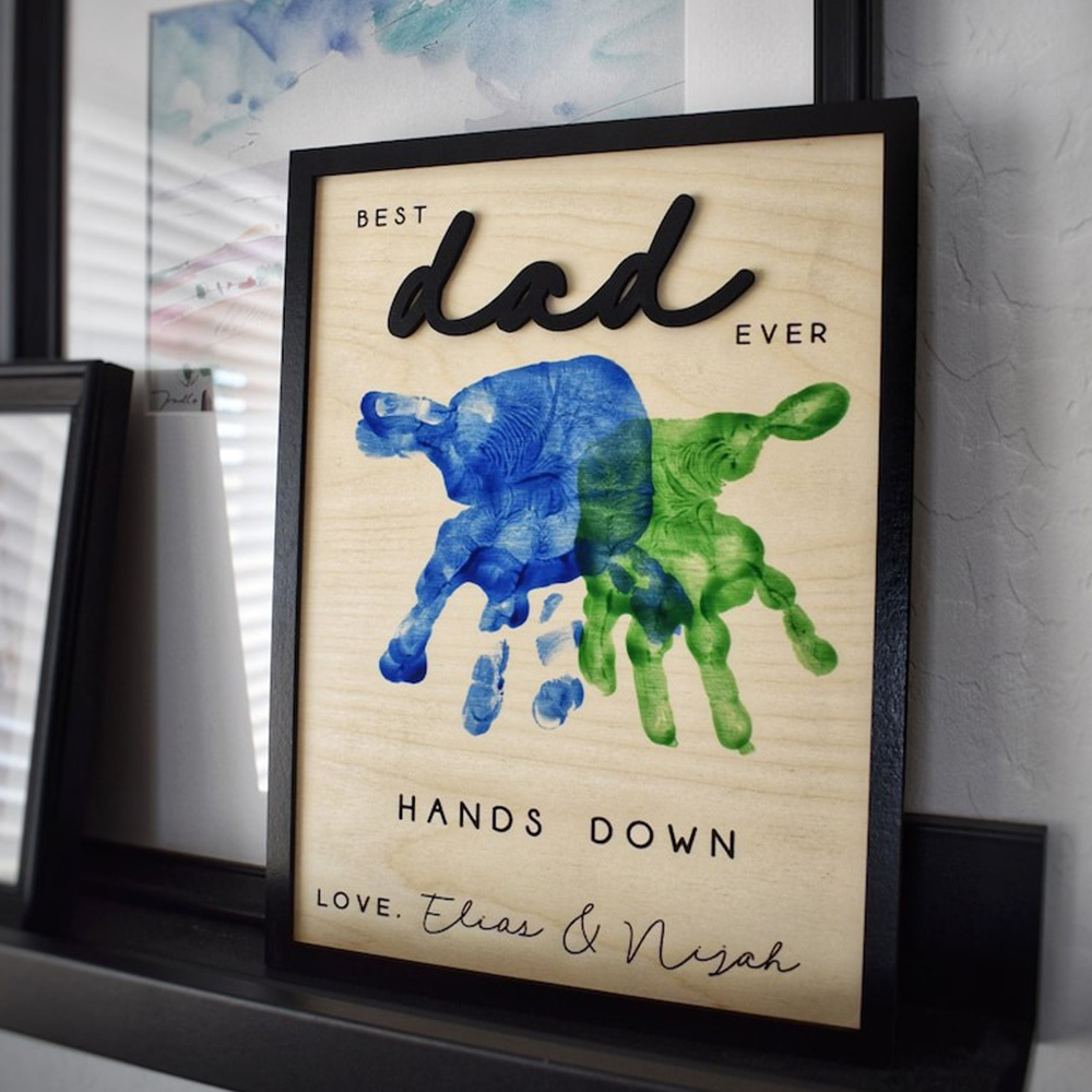 Hands Down Best Dad Ever Personalized Engraved Wooden Sign Plaque with Your Own Handprints and Custom Message Fathers Day Gift