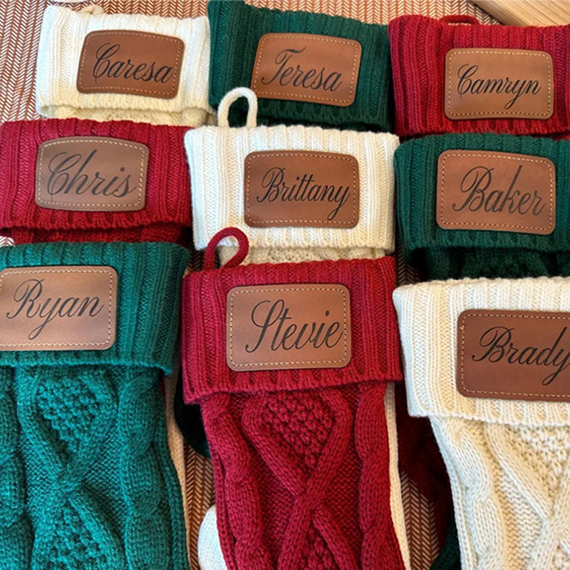 Personalized Name Leather Patch Christmas Sock Stockings Name Custom Knit Stockings Family Christmas Gifts