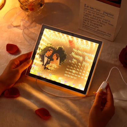 Custom LED Photo and Calendar Wedding Frame Mirror Light Personalized The Day I Found My Missing Piece Lamp Anniversary Gift for Couples