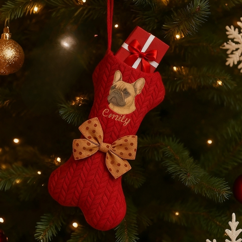 Personalized Pet Portrait Christmas Stocking Custom Dog Bone Knit Stocking with Embroidered Pet Face & Name Holiday Gift for Dogs Cats