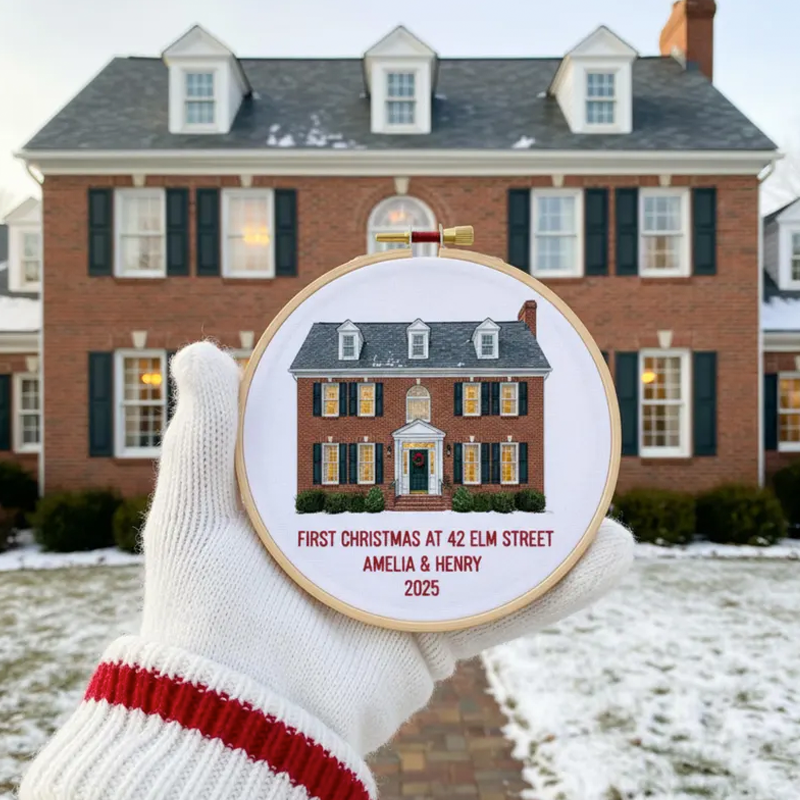 Custom House Embroidered Ornament First Christmas at New Home Gift Personalized Home Portrait and Address Embroidery Hoop Wedding or Housewarming Gift