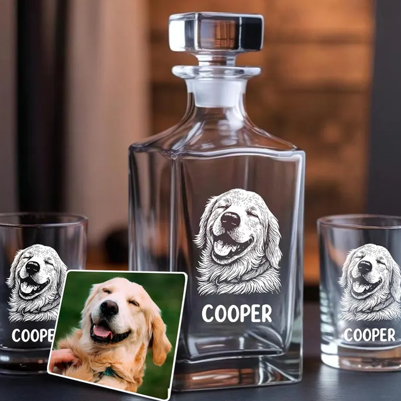 Custom Photo Etched Whiskey Decanter Set Personalised Laser Engraved Bourbon Bottle & Glasses Anniversary Gift for Him