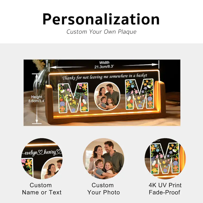 Personalized Mom Photo Night Light Mom Photo LED Lamp with Custom Wooden Base Mother's Day Gift Best Mom Ever