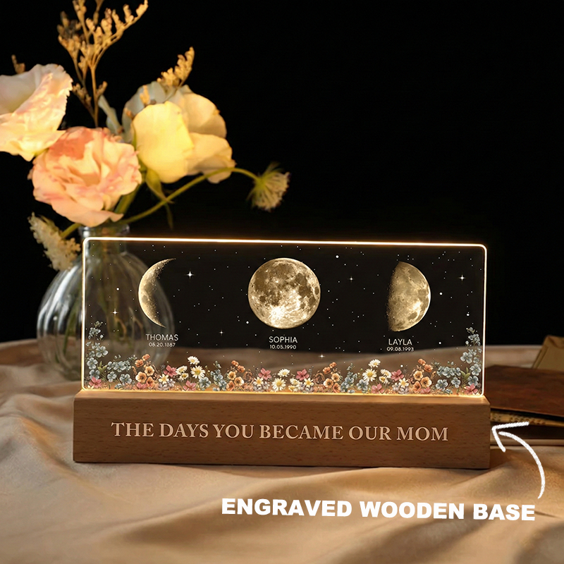 The Day You Become Mom/Grandma Moon Phase LED Night Light Custom Kids Names & Birth Date Lamp Mother's Day Gift for Mom and Grandma