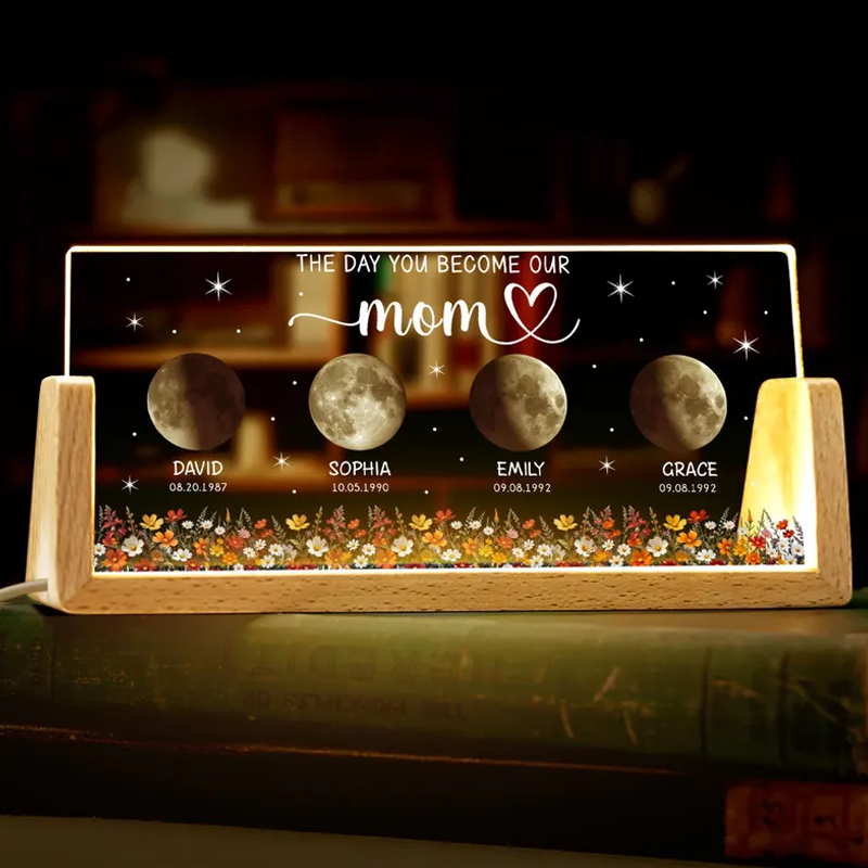 Custom Kids Moon Phase Night Light Personalized Moon Phase Crystal Lamp The Day You Become Our Mom Gifts for Mom Grandma