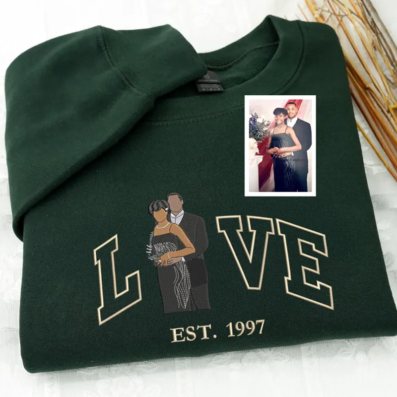 Custom Couple Embroidered Sweatshirt from Photo Personalized Picture Portrait Hoodie with Love and Est Year Couple Valentine Gifts