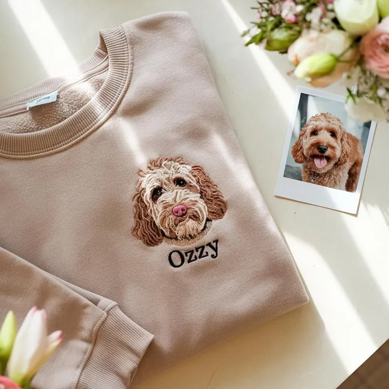 Custom Pet Embroidered Sweatshirt Personalized Dog and Cat Photo Portrait and Name Hoodie Gifts for Dog Mom