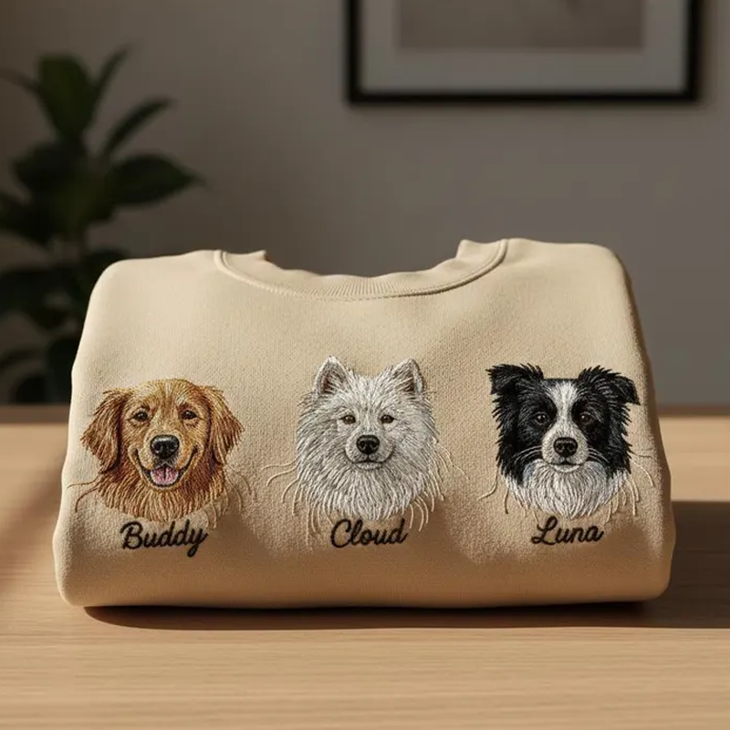 Custom Pet Portrait Sweatshirt with 1 to 3 Pets Photos and Names Embroidered Hoodie Gifts for Cat Lover & Dog Lovers