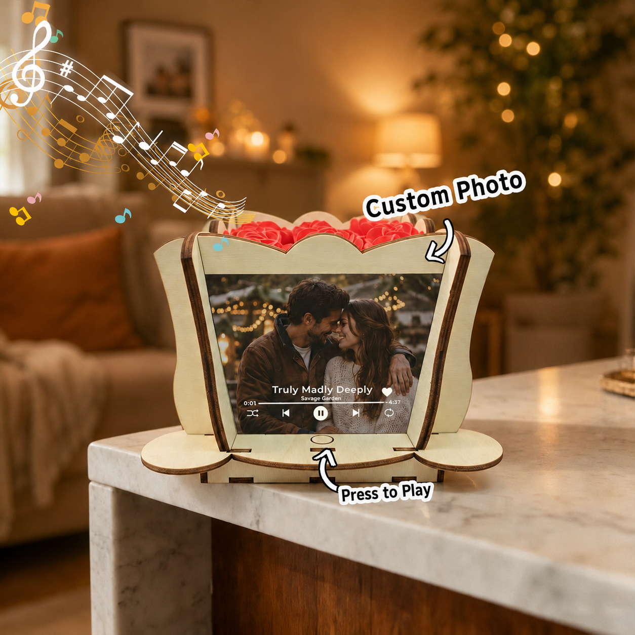 Custom Digital Music Box with 4 Photos and Custom Song Personalized Music Box with Preserved Red Rose Gift