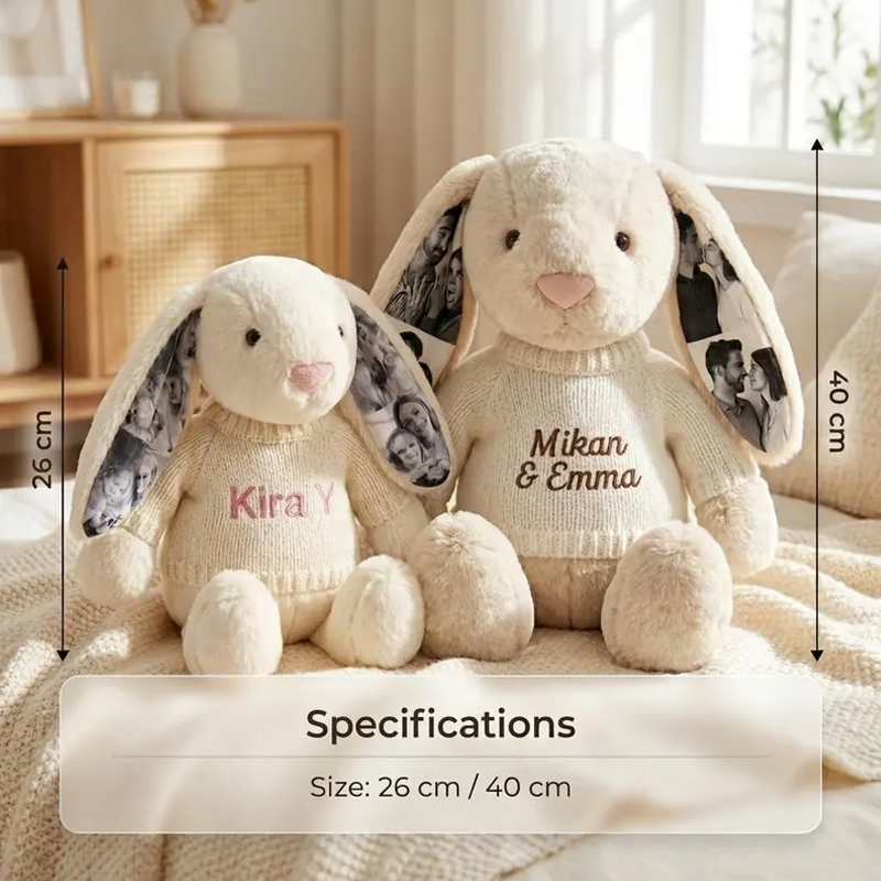 Personalized Photo Bunny Plush with Embroidered Name Sweater Custom Memory Stuffed Rabbit with 4 Photos Anniversary Gift for Couples