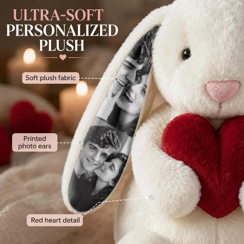 Personalized Photo Bunny Plush with Red Love Heart Custom Hidden Ear Picture Keepsake Stuffed Rabbit Anniversary and Valentine’s Day Gift for Couples