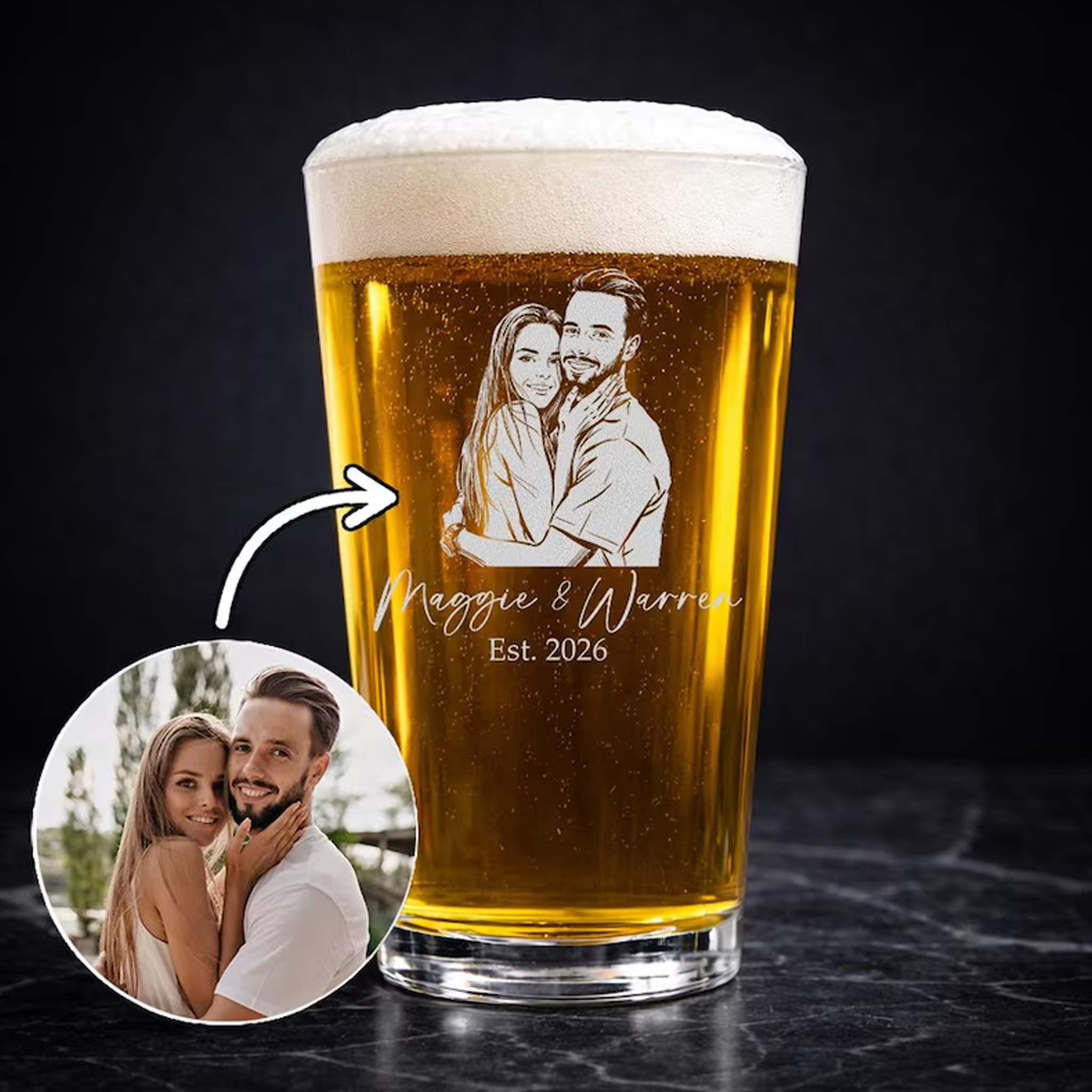 Personalized Photo Beer Pint Glass with Custom Text Laser Etched Couples Portrait Glass Anniversary Wedding Gift
