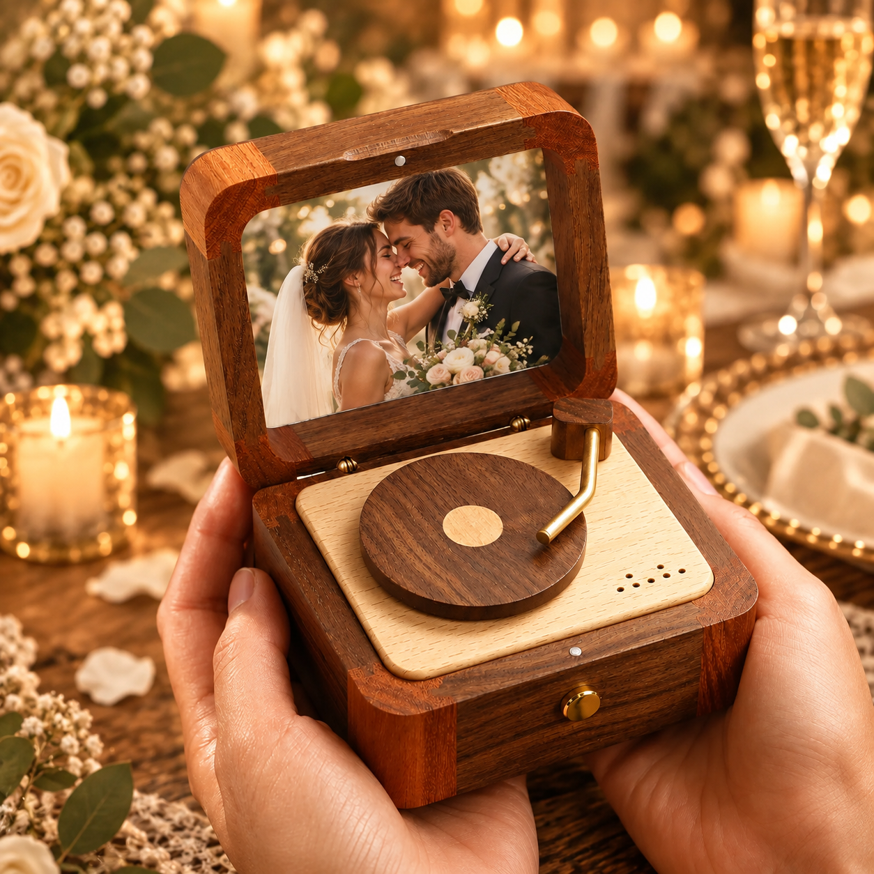 Personalized Wooden Photo Music Box with Custom Picture & Song Vintage Record Player Keepsake Wedding Gift for Couples