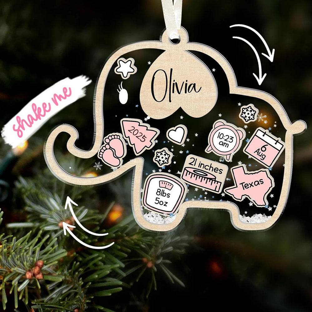 Personalized Baby First Christmas 4D Shaker Ornament Elephant Kid Boy 