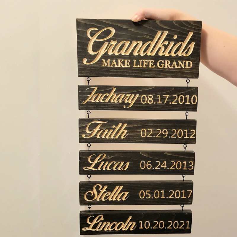 Personalized Wooden Name Sign Custom Grandkids Hanging Signs Engraved Family Name and Date Sign Personalized Gift for Grandparents