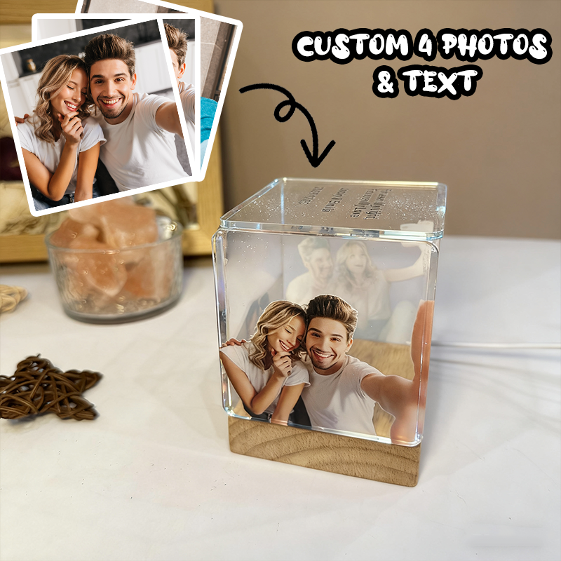 Custom Collage Photo Cube Night Light Box Lamp with Your Picture and Text Wooden Base Christmas Gifts
