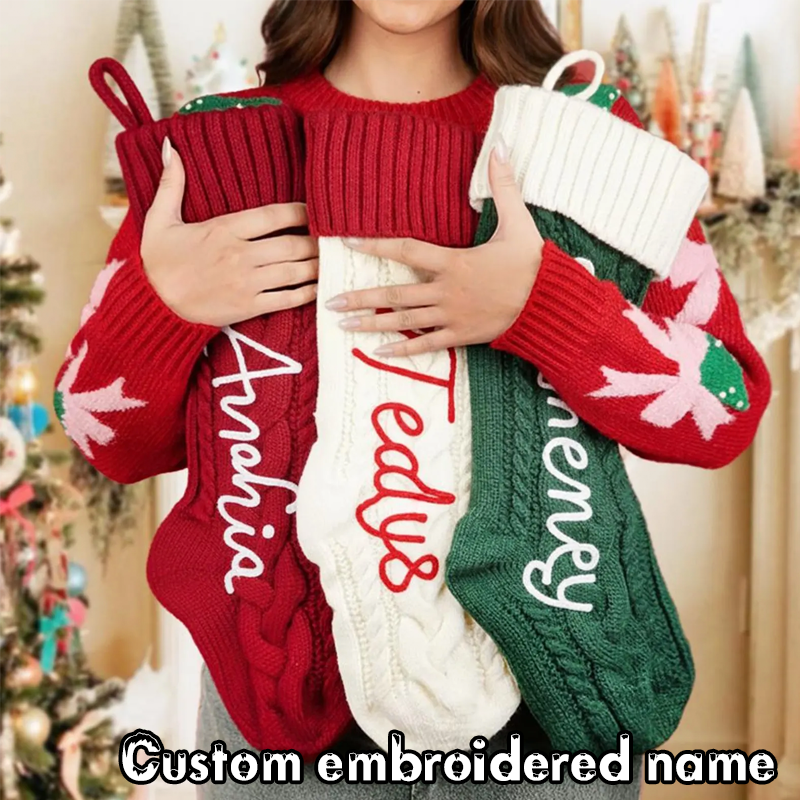 Handmade Personalized Name Hand Embroidered Christmas Stockings Custom Knit Socks Ornament with Name Family Xmas Gifts