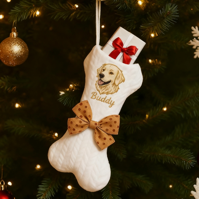 Personalized Pet Portrait Christmas Stocking Custom Dog Bone Knit Stocking with Embroidered Pet Face & Name Holiday Gift for Dogs Cats