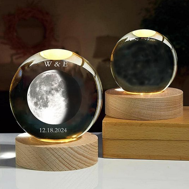 Personalized Moon Phase Crystal Ball Night Light Custom Laser Engraved Names and Date Valentines Day Gifts for Anniversary