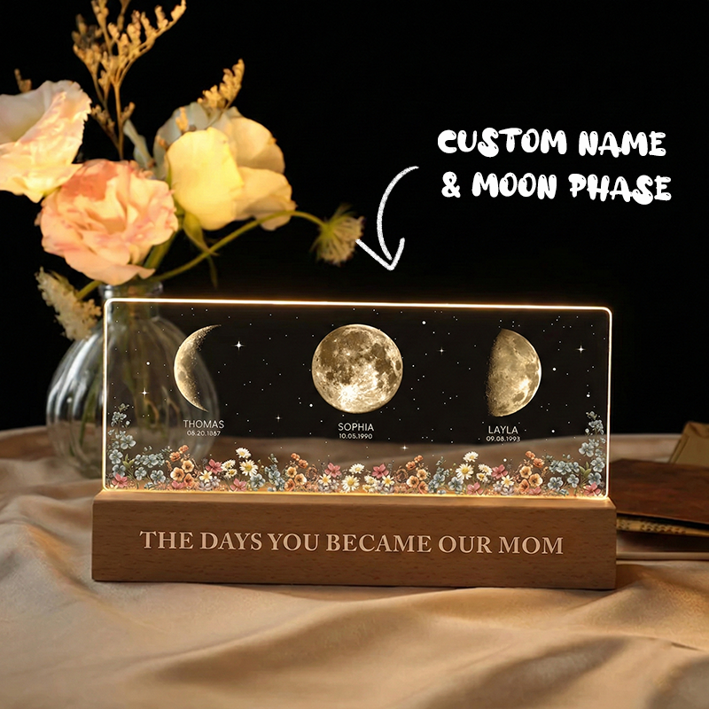 The Day You Become Mom/Grandma Moon Phase LED Night Light Custom Kids Names & Birth Date Lamp Mother's Day Gift for Mom and Grandma