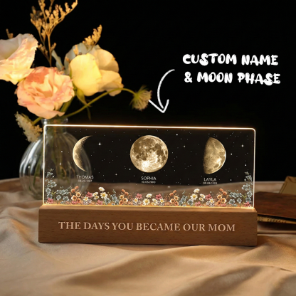 The Day You Become Mom/Grandma Moon Phase LED Night Light Custom Kids Names & Birth Date Lamp Mother's Day Gift for Mom and Grandma
