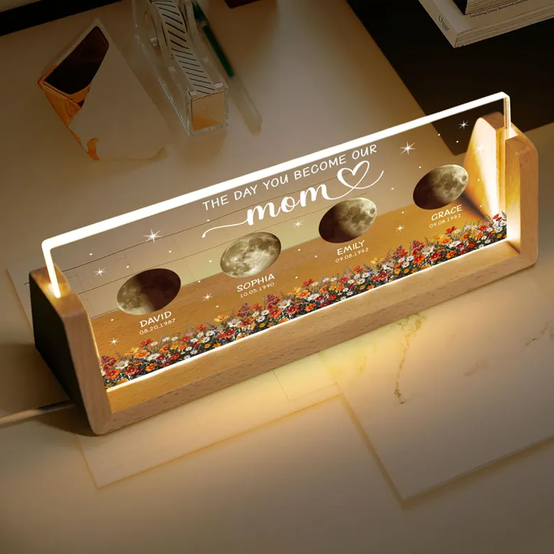 Custom Kids Moon Phase Night Light Personalized Moon Phase Crystal Lamp The Day You Become Our Mom Gifts for Mom Grandma