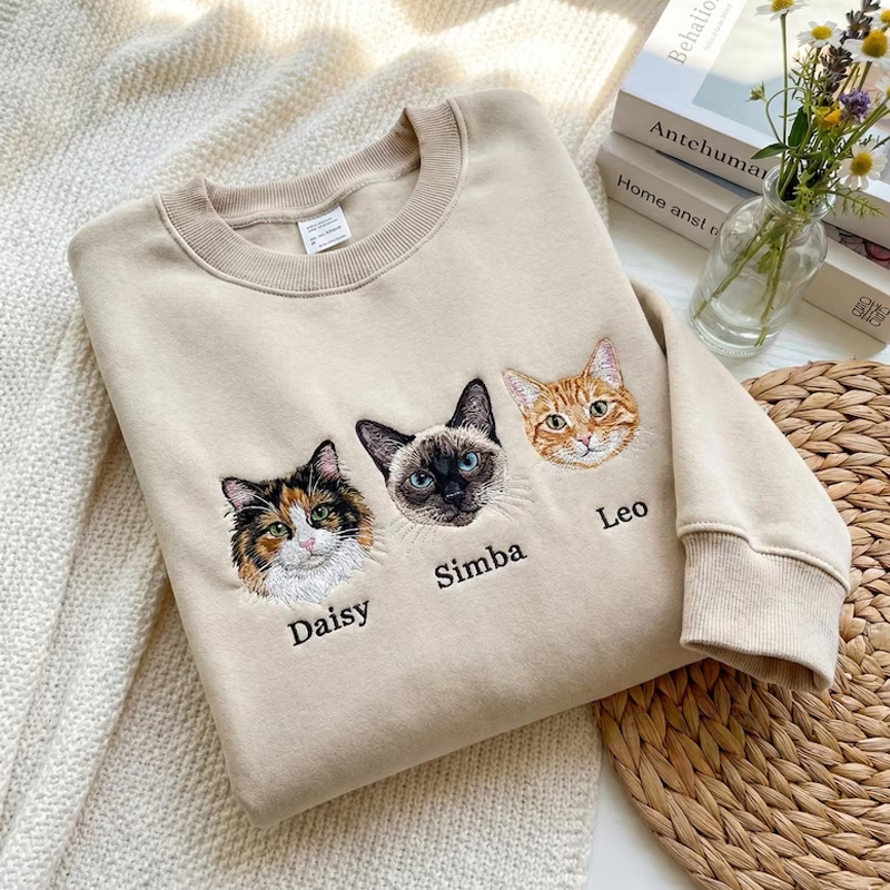 Custom Pet Portrait Sweatshirt with 1 to 3 Pets Photos and Names Embroidered Hoodie Gifts for Cat Lover & Dog Lovers