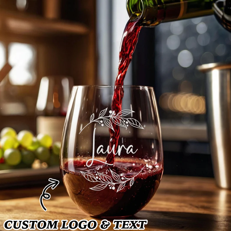 Custom Stemless Wine Glasses | Engraved Wine Glasses with Wedding Logo Names & Date