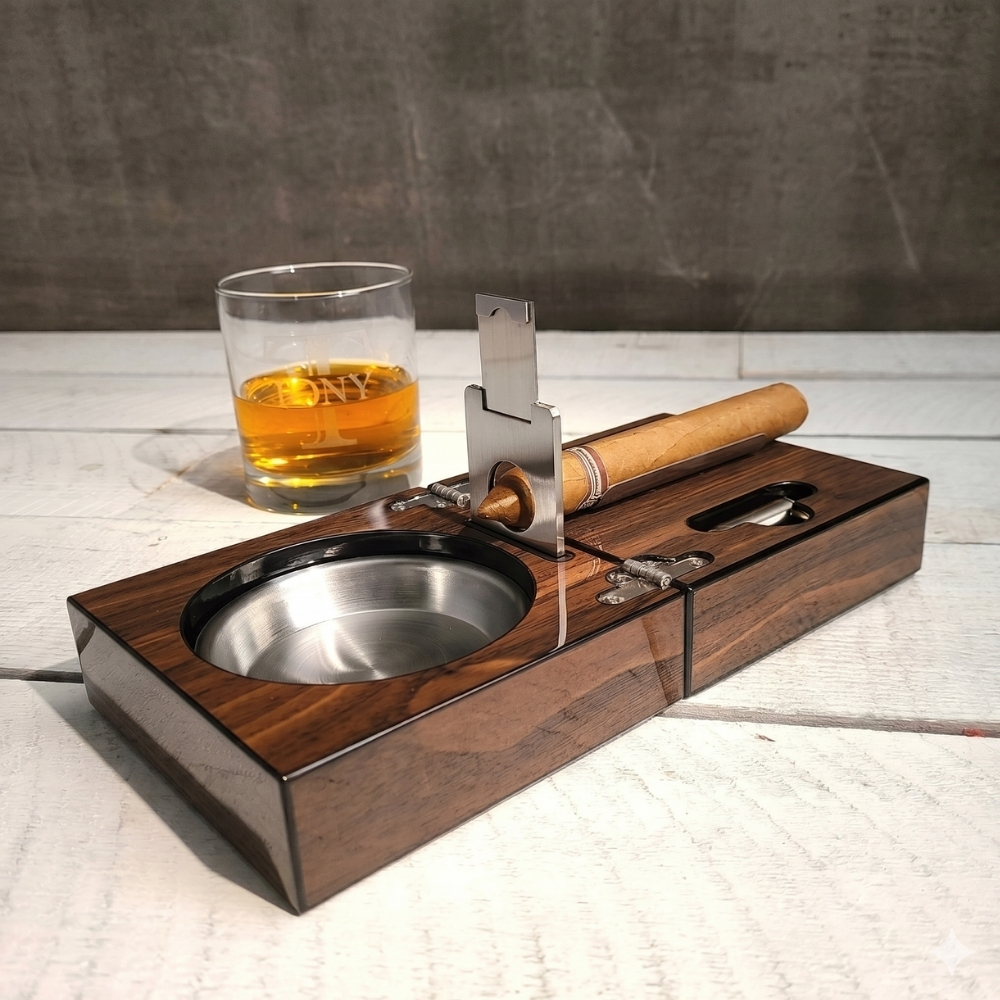 Personalized Cigar Ashtray Walnut Box Set Engraved Wood Ashtray with Ashtray Guillotine & Custom Cigar Cutter Gifts for Him