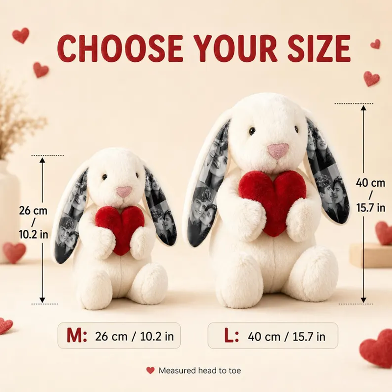 Personalized Photo Bunny Plush with Red Love Heart Custom Hidden Ear Picture Keepsake Stuffed Rabbit Anniversary and Valentine’s Day Gift for Couples