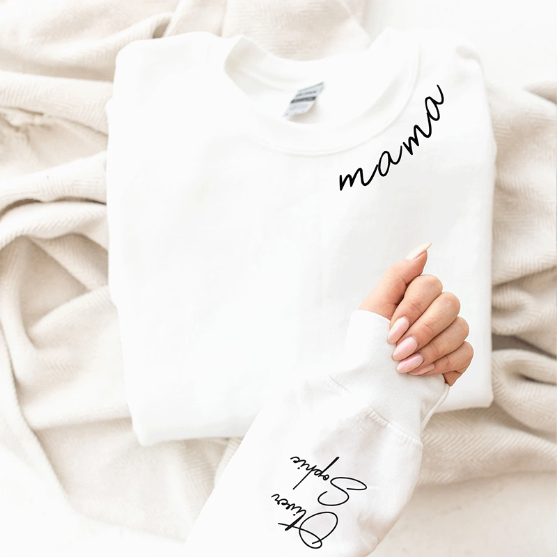 Custom Mama Sweatshirt with Kid Name Printed on Sleeve Personalized Mom Sweatshirt Gift for Mom