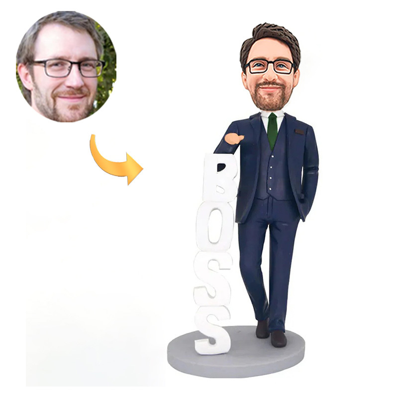 Handmade Businessman Male Boss Leaning on BOSS Custom Bobbleheads