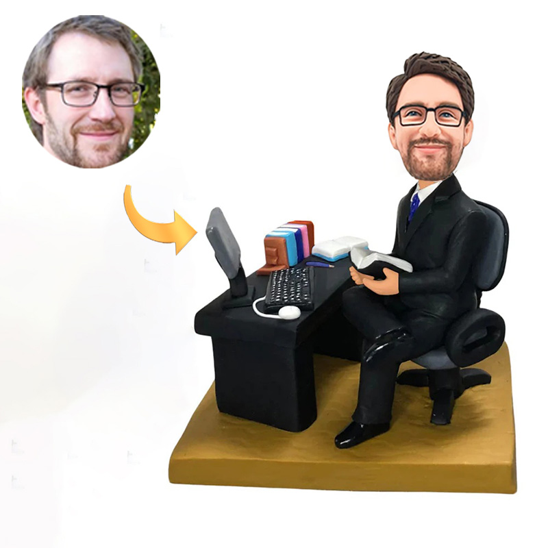 Handmade Male Boss Sitting at Office Desk Custom Bobbleheads Boss Day Gifts