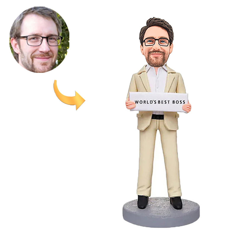 Handmade Beige Suit World's Boss Custom Bobbleheads Boss Day Gifts